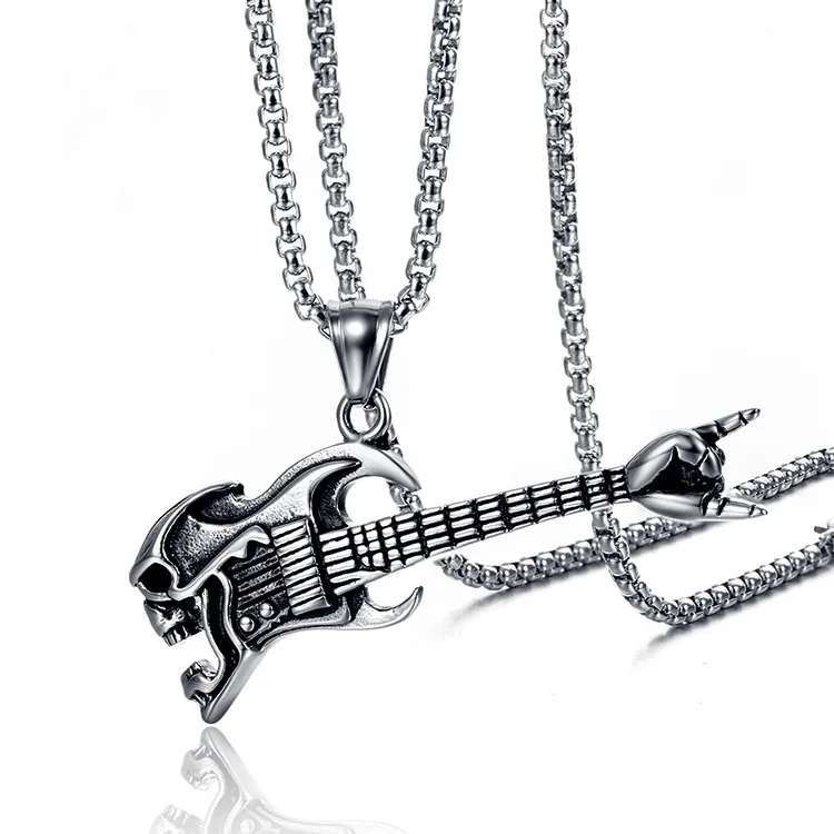 316L Stainless Steel Pendant Necklace Cool Men Boy Guitar Necklace 2