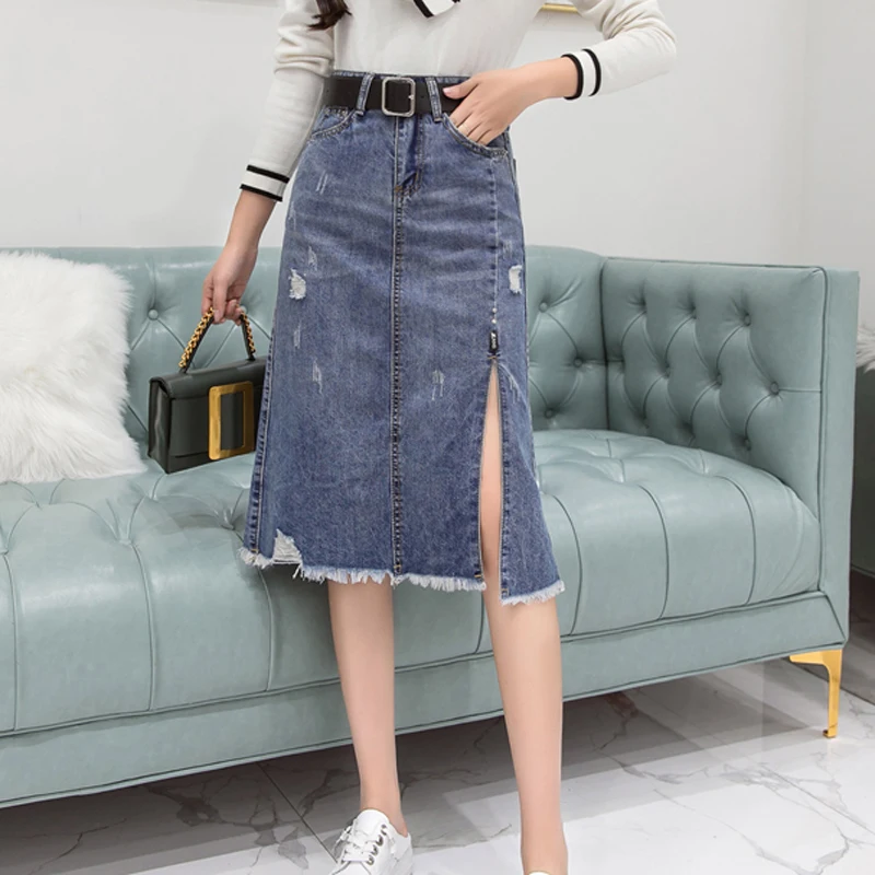 

BGTEEVER Casual Ripped Midi Jean Skirt Women Fringed Hem Side Split Streetwear Skirts High Waist Denim Skirts bottoms 2018
