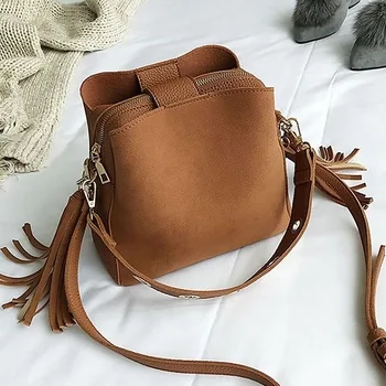 

New Women Handbag Bucket Bag Vintage Tassel Fashion Scrub Shoulder Bags High Quality Retro Casual Messenger Bag Ladies Crossbags