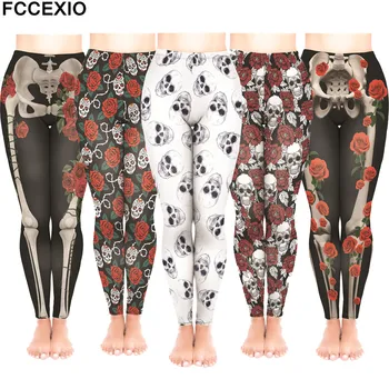 

FCCEXIO Brand Female Workout Pants High Waist Fitness Legging New Style Skeleton Rose Print Leggins Women Leggings Slim Trousers