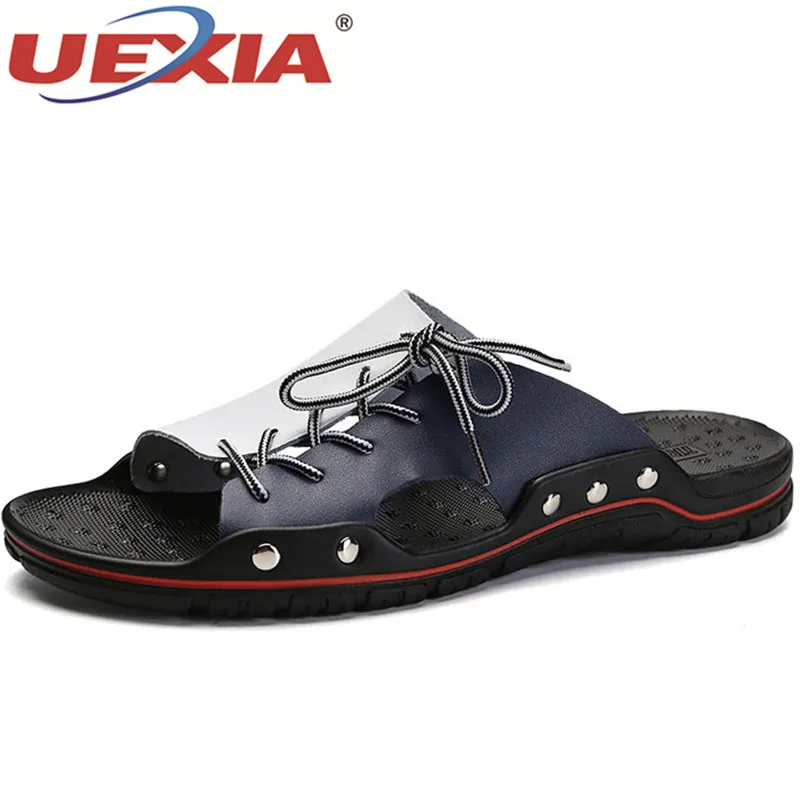 

UEXIA New Leather Men Slippers Beach Shoes Comfortable Men Casual 2019 Summer Flats Heels Male Slides Luxury Plus Size 38-48