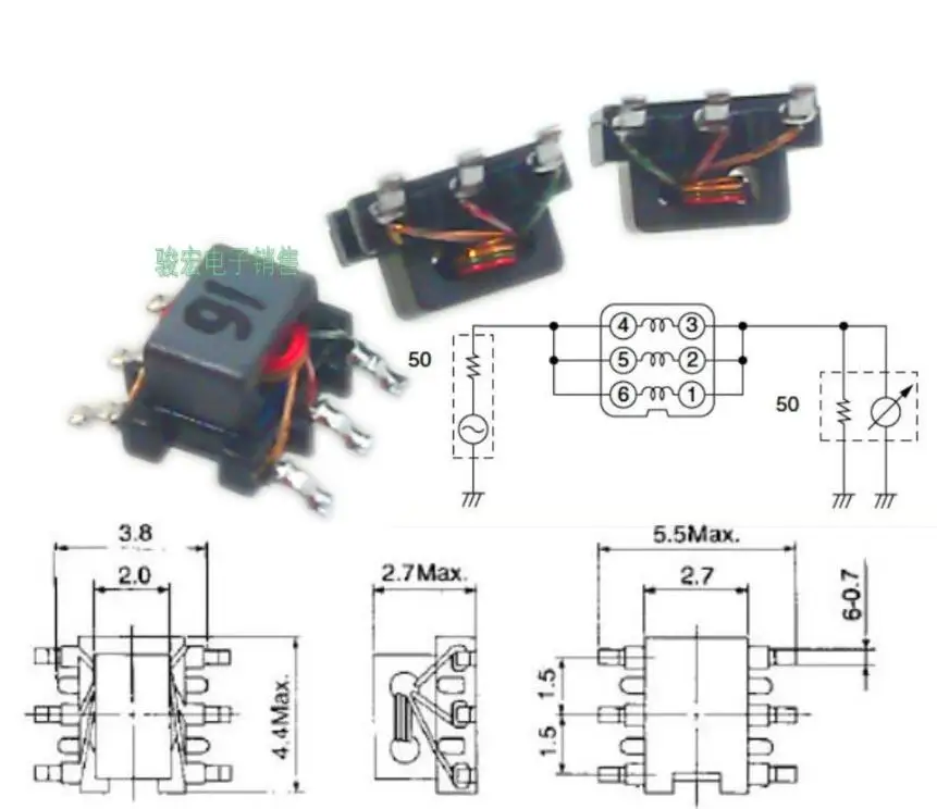 844CM-1016=P3 SMD miniature balun common mode filter RF impedance transformer 0.71A 50R 1