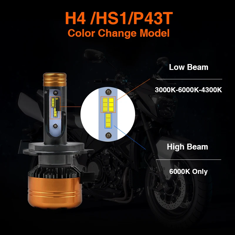 R8 триколор Мотоцикл головной светильник лампы H4/HS1/P43t 50 Вт 5800LM три Цвета H4