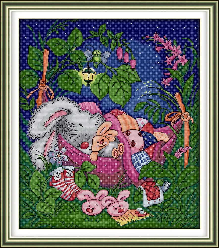 Joy Sunday Rabbit Sleeping with her joy cross stitch pattern kits