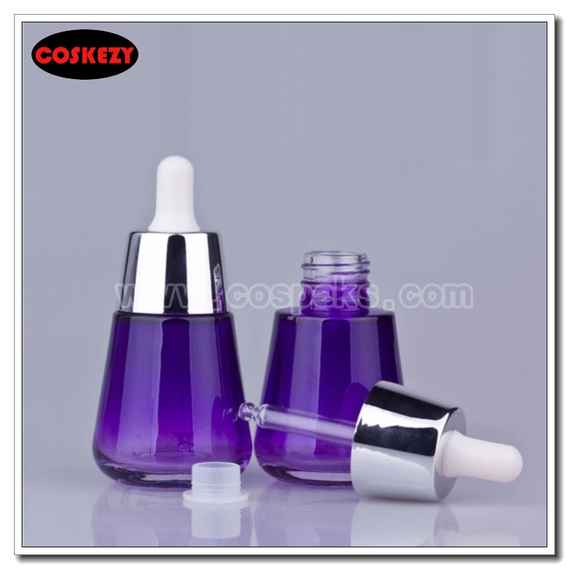 Frascos de Óleo de Vidro Garrafas de Vidro Tampa de Embalagens de Cosméticos para Venda Roxo Luxo 1 Onça Conta-gotas Prata 50 Pcs 30 ml