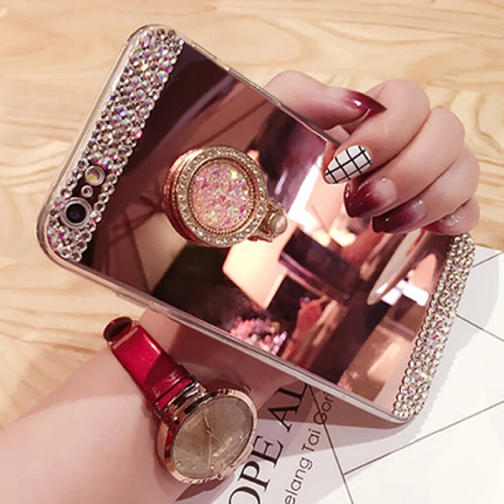 Fashion Diamond Soft TPU Crystal Rhinestone Glitter Mirror Phone Case For Samsung S8 S9 S8 Plus S9 Plus with Ring Holder Stand