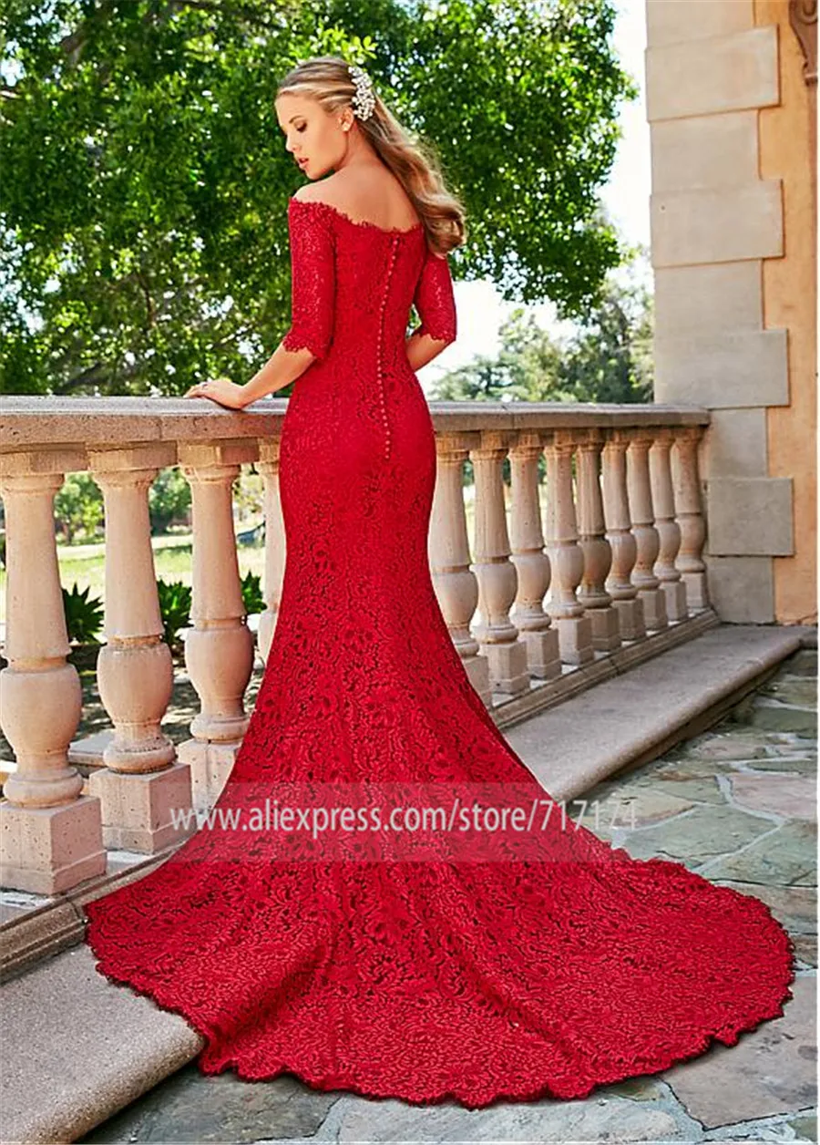 Шикарное кружевное платье с открытыми плечами, естественная линия талии, свадебное платье русалки, с короткими рукавами, красные свадебные
