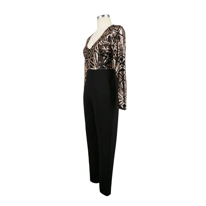 Ismtide Long Jumpsuits Women Rompers 2017 Deep V Neck Jumpsuit Long Sleeve Jumpsuits Golden Sequined Romper Sexy Jumpsuit