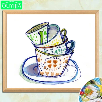 

OUYIJIA 5D DIY Diamond Painting "Porcelain Coffee Cups" Full Square Diamond Embroidery Rhinestones Mosaic Decoration Picture