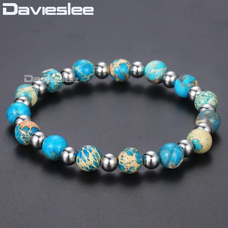 Davieslee Dark Blue Imperial Stone Bead Mens Womens Bracelet 2018 Fashion Men Jewelry Beads Bracelets For Women 8mm DDBM23 | Украшения и