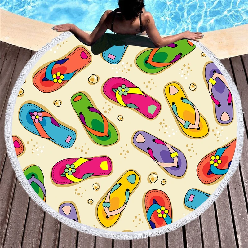 

Flip Flops State of Mind Print 150cm Large Round Beach Towel Microfiber Summer Thick Blankets with Tassels Toalla Mat Bath Towel