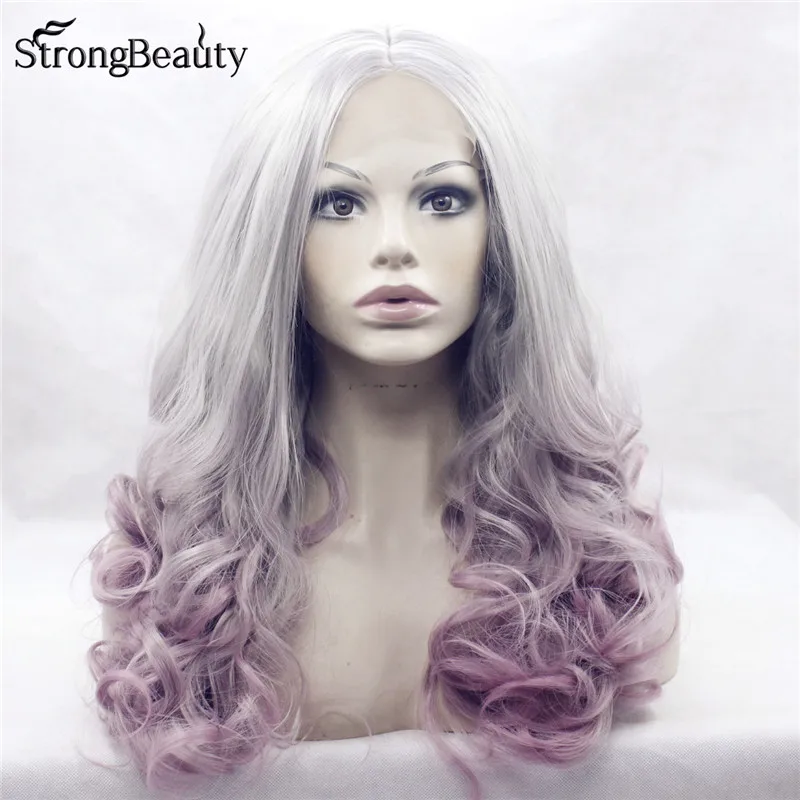 Strongbeauty длинный кудрявый серый парик Синтетический Ombre серебристый розовый/фиолетовый парик на кружеве два тона