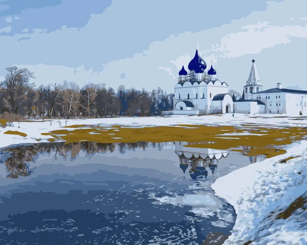 Зима река храм