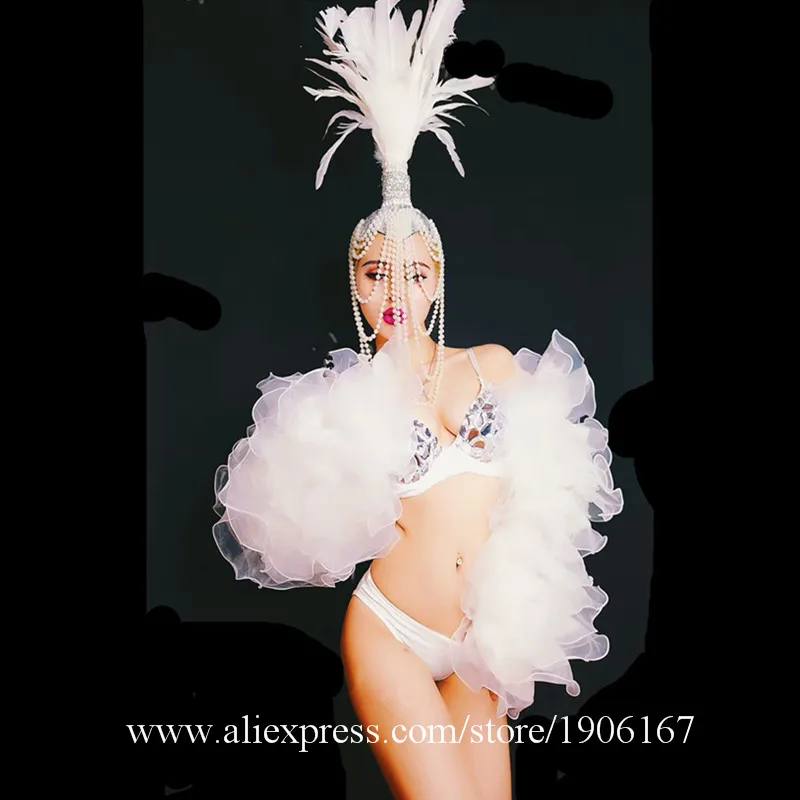 

Nightclub Bar KTV Biniki Dance Suit Female Singer DJ DS Party Stage Performance Clothes With Feather Headwear Performer Outfit