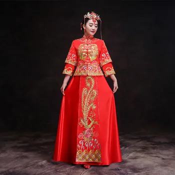 

Bride Cheongsam Vintage Chinese Style Wedding Dress Retro Toast Clothing Lady Embroidery Phoenix Gown Marriage Qipao red Clothes