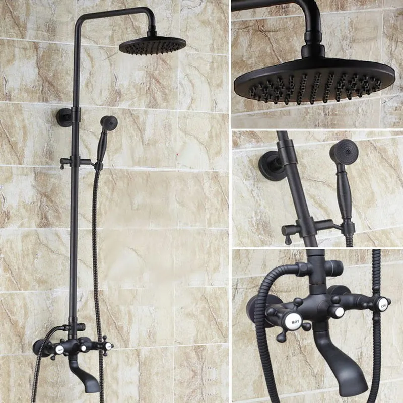 

Oil Rubbed Bronze Wall Mounted Bathroom 8" Round Rain & Hand Shower & Tub Faucet Set Dual Cross Hot/Cold Handle ahg105