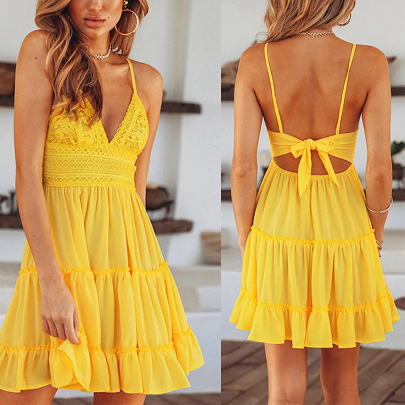 

UIDEAZONE Summer Women Dress Spaghetti Strap Dresses Women Deep V-Neck Solid Color Back Bowknot Beach Sundress Plus Size S-5XL
