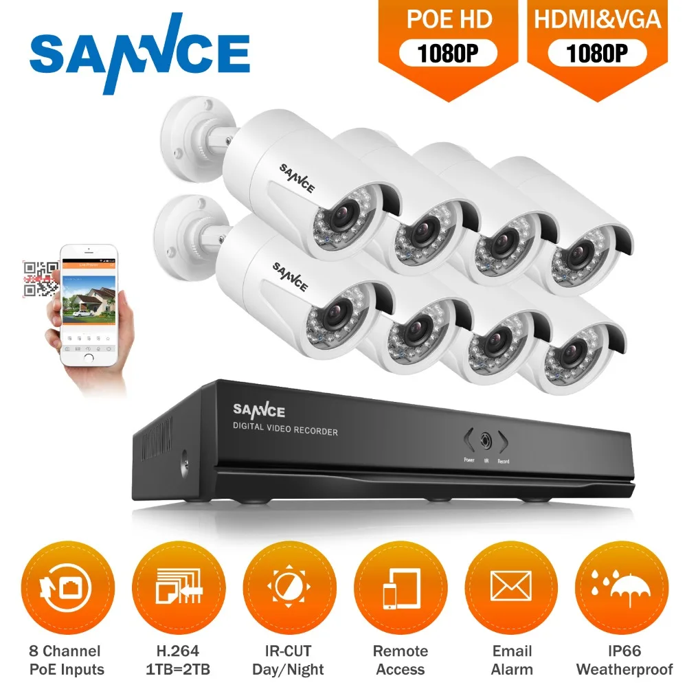 SANNCE HD 8CH 1080P HDMI POE NVR комплект камер видеонаблюдения 2MP уличная IP66 ip-камера P2P система видеонаблюдения