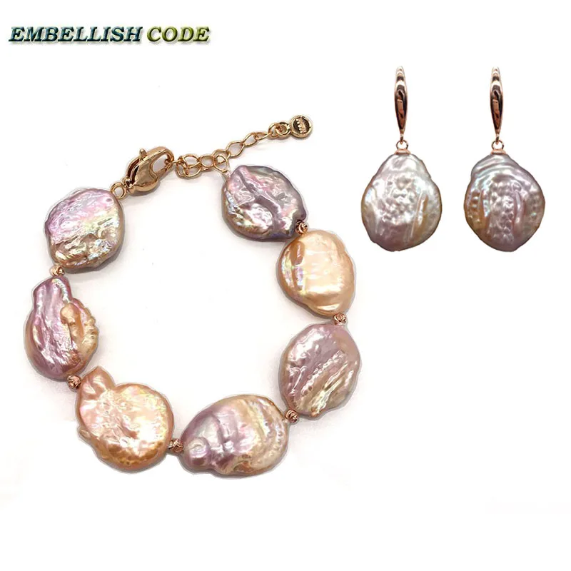 new baroque pearl bracelet Bangle hook dangle earring set red gold-plated peach purple color flat round coin shape real women | Украшения и