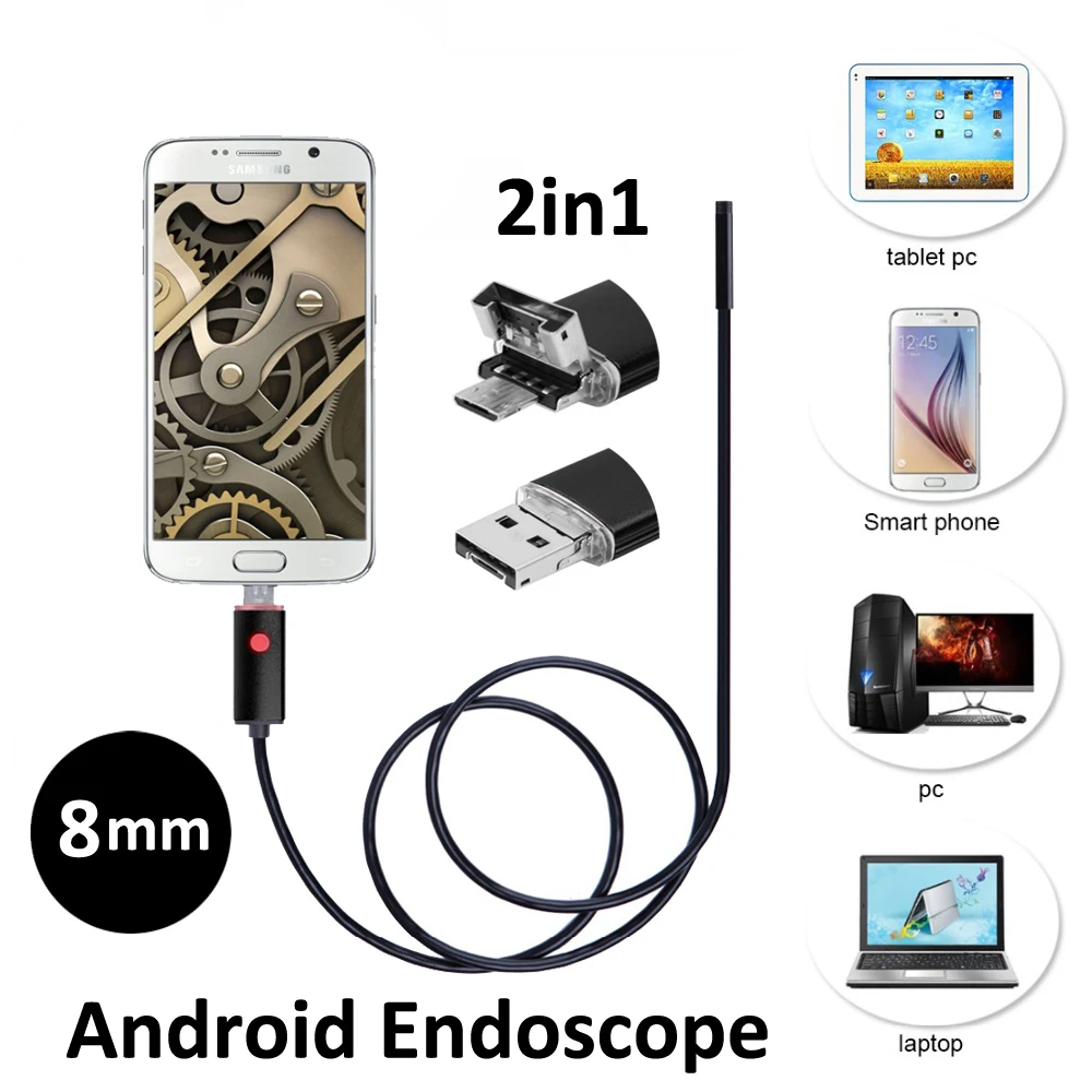 Beste 8mm 2MP 2in1 Android USB Endoscoop Camera 2 M 5 M OTG USB Snake Tube Inspectie HD720P Borescope Camera 6LED IP68 Waterdicht
