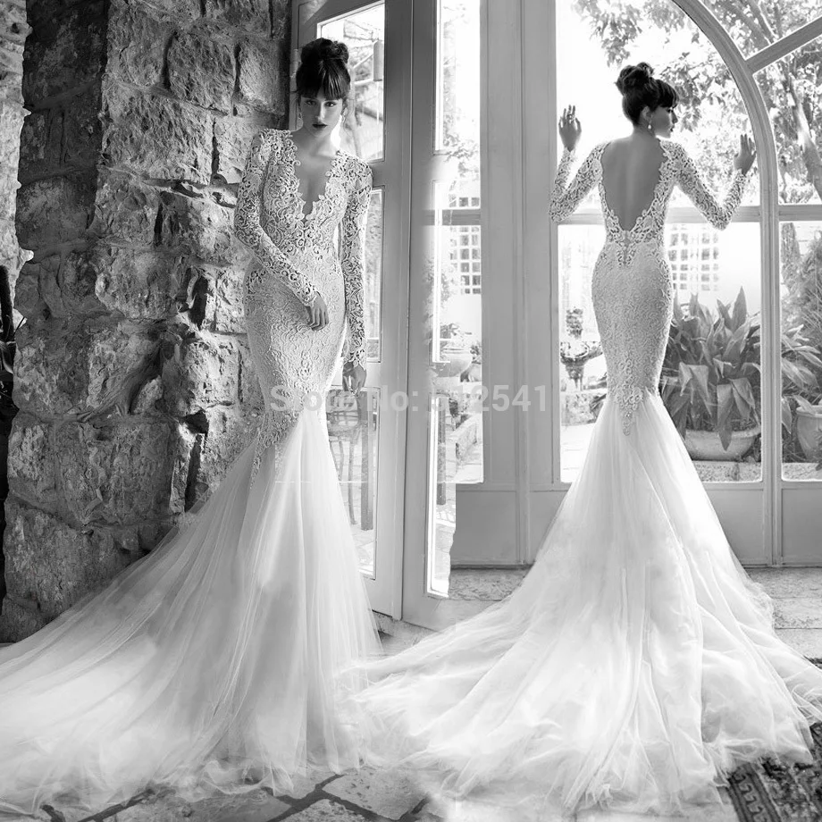 

Long Sleeves V Neck Trumpet Mermaid Lace Wedding Dresses 2015 Backless Applique Beads Bridal Gown yk1A536