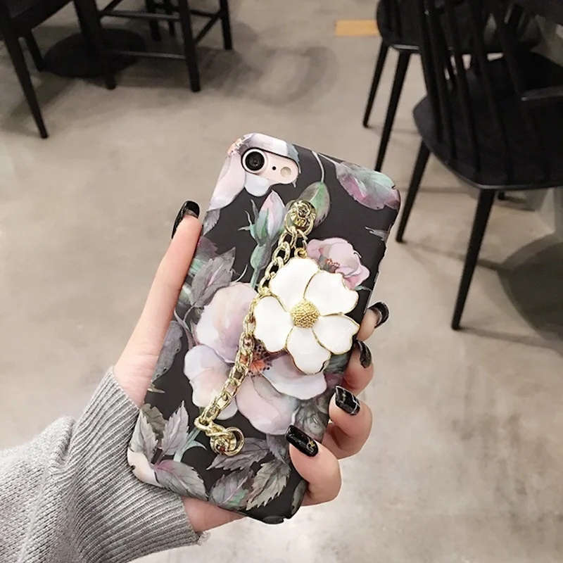 

Fancy Elegance Fashion Cute white flower chain bracelet green leaves phone case cover for iPhone 6 6s 7 8 plus X