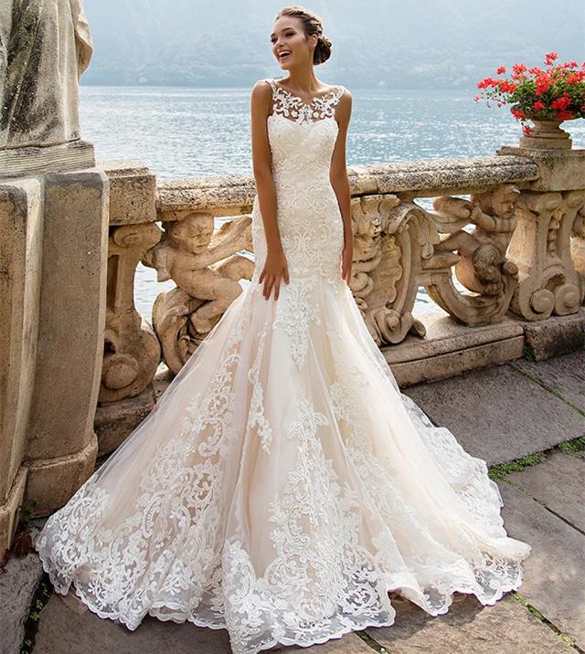 

Sexy New Arrival Mermaid Wedding Dresses 2019 O-Neck Sleeveless Court Train Appliques Tulle Backless Wedding GownsVestidos