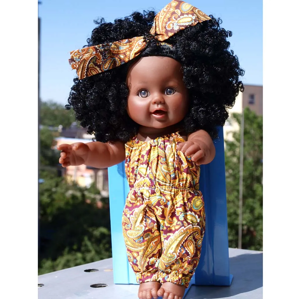 Huggable 12inch African American Baby Girl Doll Vinyl Newborn Doll Toddler with Overalls Clothes Children Sleeping Toy