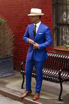 

Classic Royal Blue Groom Tuxedos Cheap Slim Fit Notched Lapel 2018 Vintage Wedding Prom Men Suit ( jacket+Pants+tie)