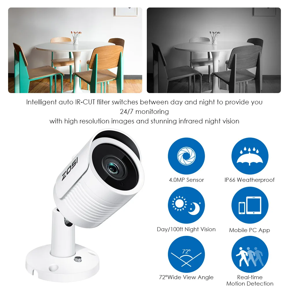  ZOSI IP Camera PoE 4MP/5MP Super HD Outdoor/Indoor Waterproof Infrared Night Vision ONVIF Security 