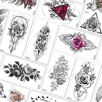 

Geometric Triangle Rose Temporary Tattoos For Women Arm Neck Henna Tatoo Decals Waterproof Sketch Flower Body Art Tattoo Sticker