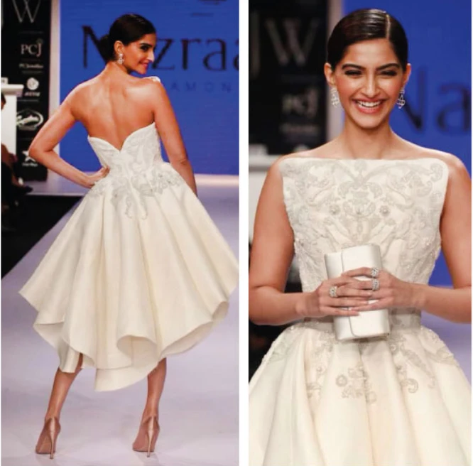

Bollywood Actress Sonam Kapoor Dressed Ashi studio Couture Backless Asymmetrical Offwhite Embroided Evening Dresses