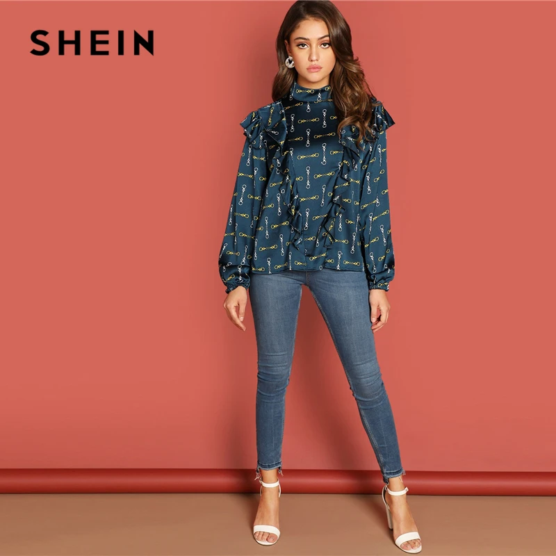 SHEIN Атласный Топ С Модным Платочным Принтом И Вырезом Под Горло, Элегантная Блузка Для Офиса, Женские Топы С Рюшами Блузки С Длинным Рукавом