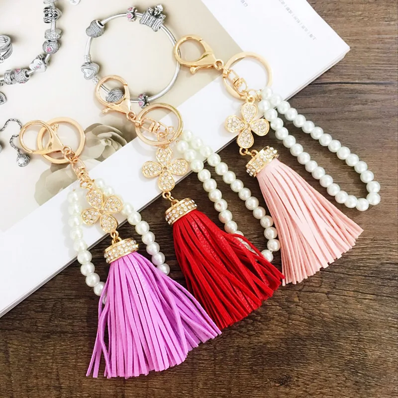 Fashion PU Leather Tassel Keychain Crystal Rhinestone Charm Clover