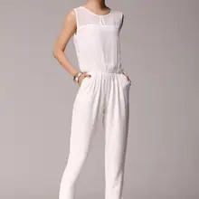 Женские новые весна лето плюс Большие размеры женские брюки тонкий комбинезон без рукавов женский длинный шифон натуральный цвет Карманы