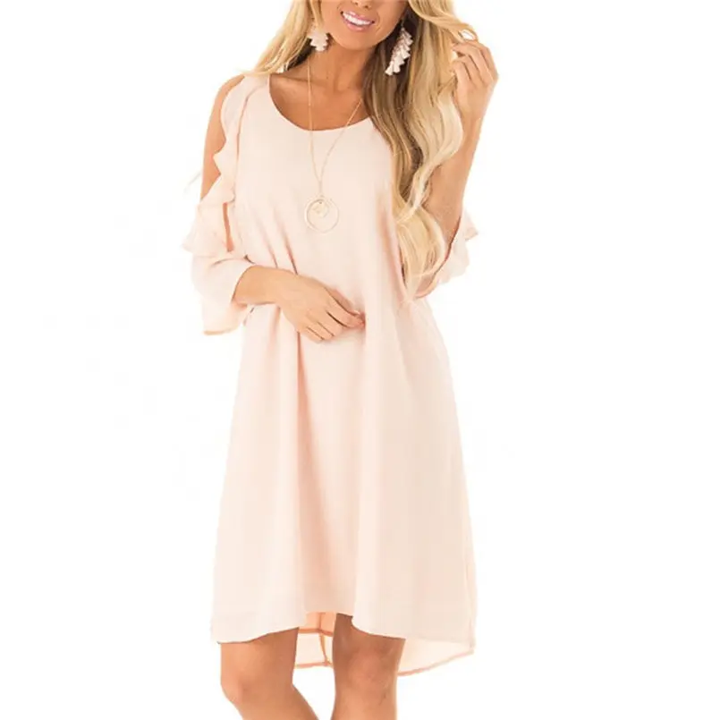 New Women Summer Ladies Strapless Shoulder Ruffle Sleeve Pure Color Summer Dress Elegant Mini Fashion Casual Vestidos #4A30 (8)