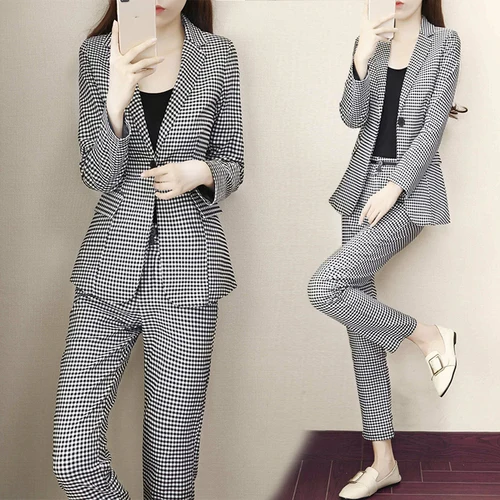 

Fashion Office Plaid Suit Women Houndstooth Fashion Blazer Sets Slim Twinset 2 Piece Set Woman Korean Single Button Lady Suits