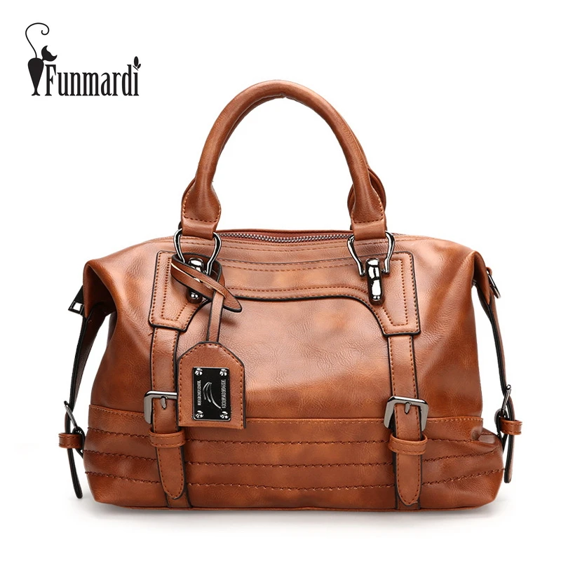 FUNMARDI خمر شمعي حقائب يد جلدية بوسطن Crossbody حقائب النساء حقيبة كتف حقيبة ساعي من الجلد المصقول الفاخرة اليد WLHB3009