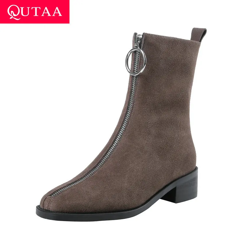 

QUTAA 2020 Retro Square Toe Cow Leather Ankle Boots Comfort Square Heel Fashion Front Zipper Autumn Winter Women Shoes Size34-39