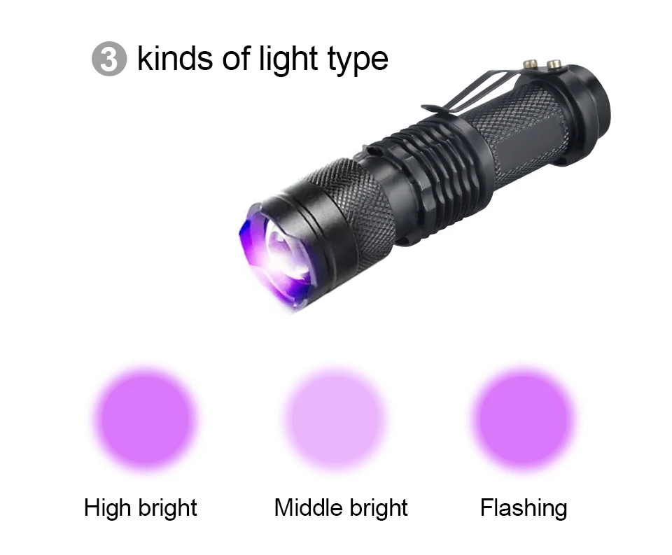 UV Flashlight Zoomable Ultraviolet Flashlight Touch Linterna LED Mini UV Black Light Pet Urine Stains Detector Scorpion Hunting (6)