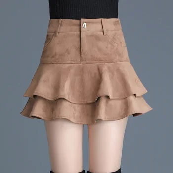 

New 2018 Suede skirts fashion autumn winter culottes crochet mini skirt high waist Pleated Ruffle Solid Boots Skirts Hot sale
