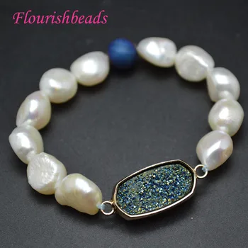 

Green color Druzy Square Charm White Fresh Water Pearl Baroque Pearl with a Drusy Beads Bracelets Fashion Woman Jewelry