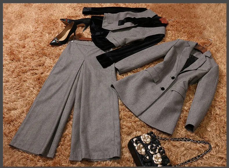 Classic Houndstooth Tweed Wool Women 4 Pieces Sets Winter Full Sleeves Blazer Office Suits For Women SO3367