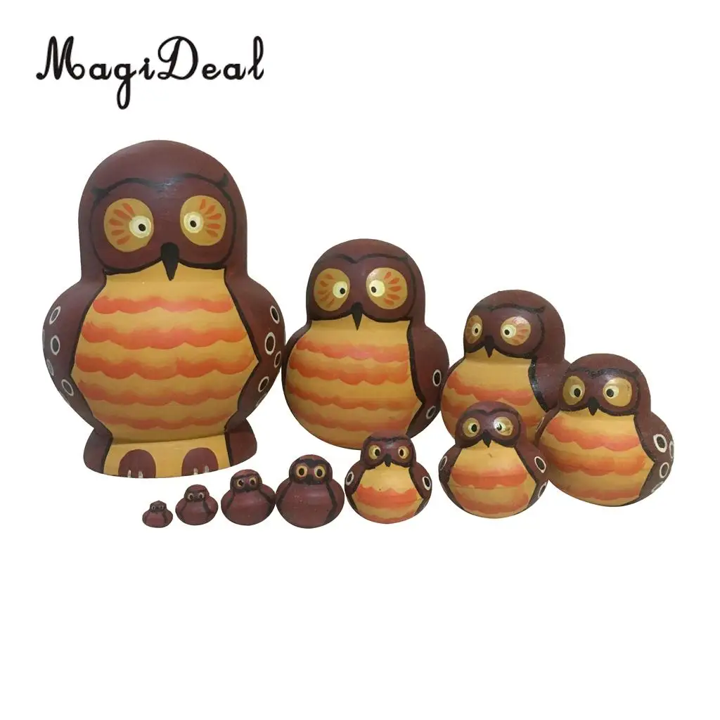 10Pcs Cute Cartoon Brown Owl Handmade Wooden Russian Nesting Dolls Matryoshka Dolls for Children Kids Toys Gift Home Decor