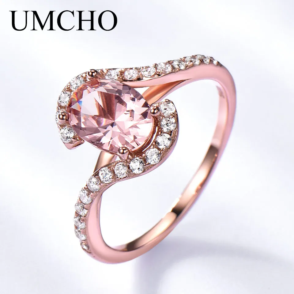 UMCHO Pink Sapphire Rings for Women Solid Sterling Silver Morganite Engagement Rose Gold Color Wedding Promise Band Gift For Her