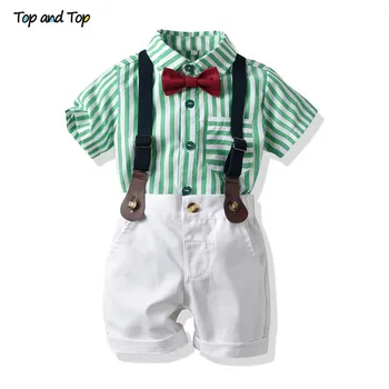 

Top and Top Formal Kids Clothes Summer Toddler Gentleman Boys Clothing Set Short Sleeve Stripe Bowtie Shirt+Suspender Shorts
