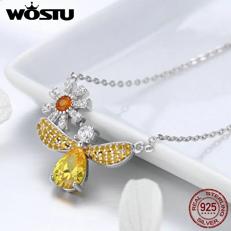 

WOSTU Jewelry Making 925 Sterling Silver Daisy with Bee Yellow CZ Pendant Necklace For Women 925 Jewelry Fashion Gift FIN242