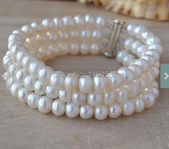 

Wholesale Pearl Bracelet - 3 Rows 7 Inches 7-8mm White Color Natural Freshwater Pearl Bracelet Wedding Gift Jewelry