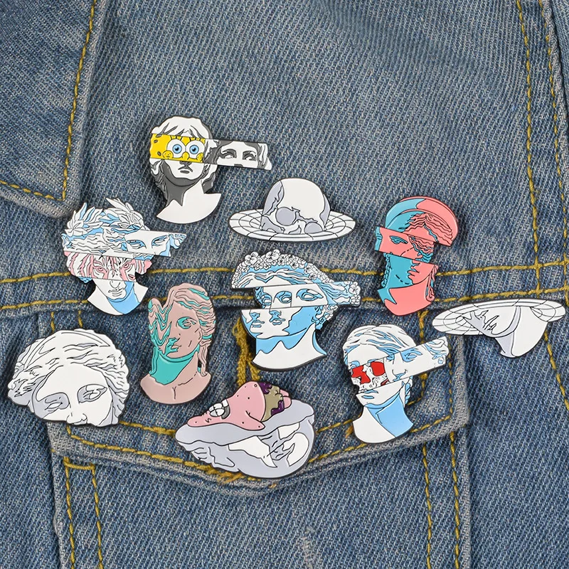 Cartoon characters Art Style of Abstract Space Brooches Pins Distortion dislocation Gypsum sculpture badge Enamel Jewelry Gift