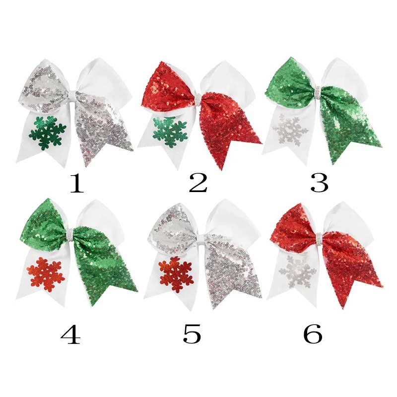 6 цветов, 12 шт., 7 дюймов, Sequine Christmas Cheer Bow с заколки для девочек, детские аксессуары для волос ручной работы с украшением в виде снежинки